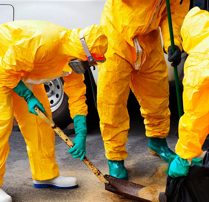 Technicians in protective suits deep-cleaning a garbage room floor
