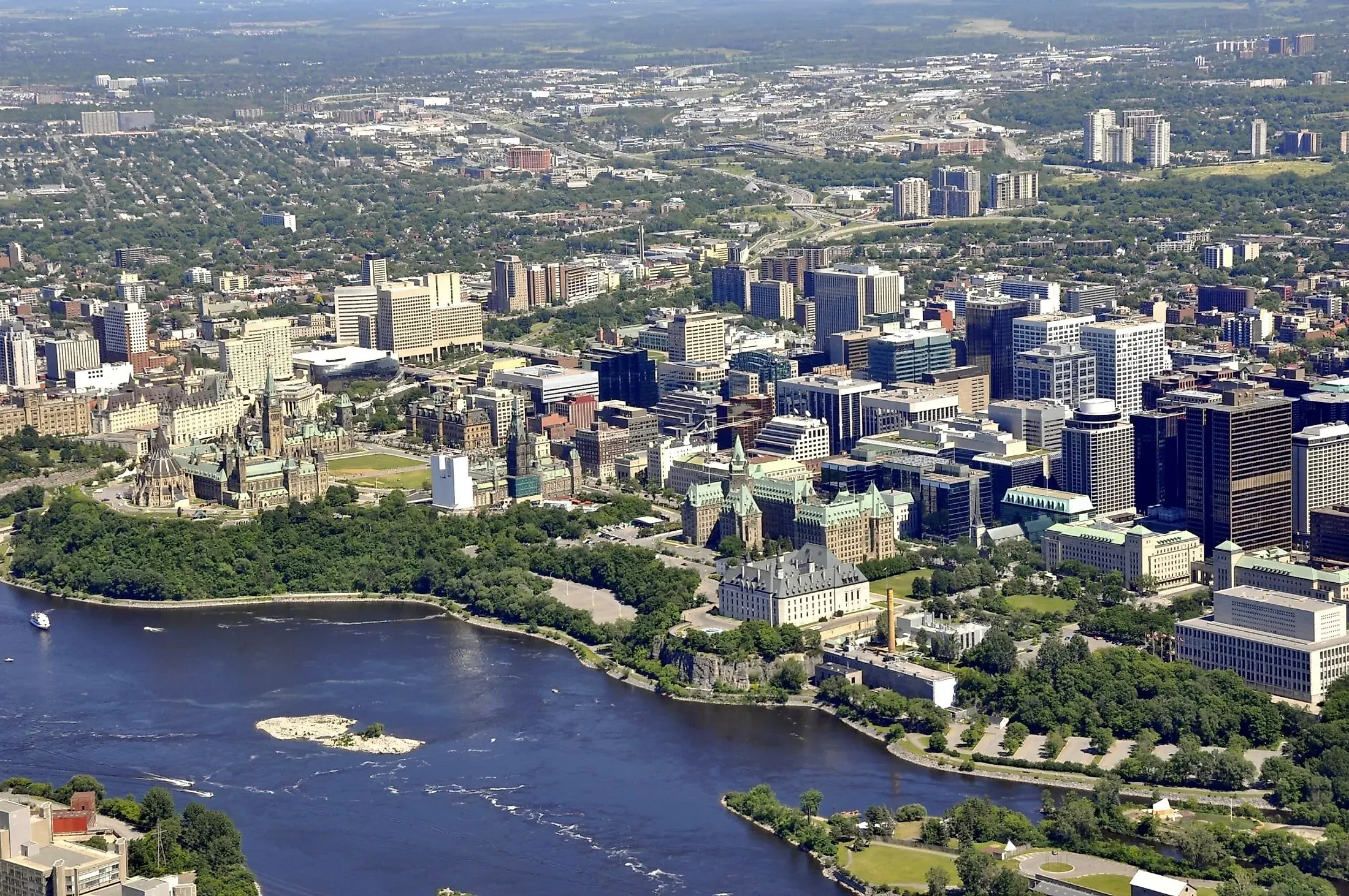 Aerial view of downtown Ottawa along the Ottawa River